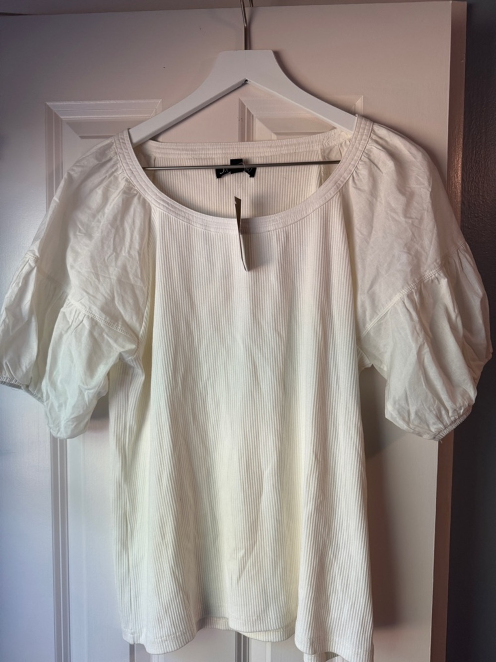 J. Crew Cream Ribbed Scoop-Neck Puff Sleeve Tee